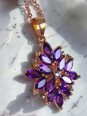 NWT Amethyst & Diamond Flower Pendant Necklace 18K Gold Over Sterling Silver